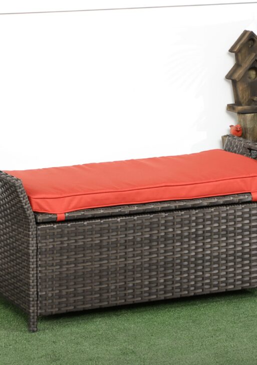 29 Gallon Patio Wicker Storage Bench, Outdoor PE Rattan Patio Furniture, 2-In-1 Large Capacity Rectangle Garden Storage Box with Handles and Cushion, Red