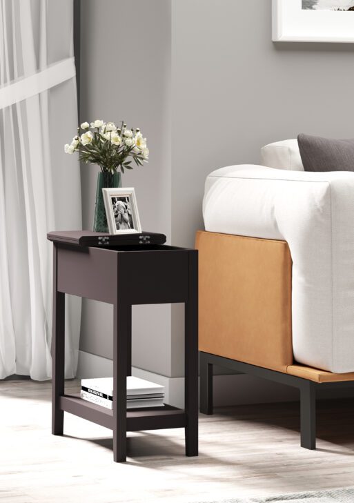 End Table, Narrow Side Table with Flip Top, Storage Cabinet, Bottom Shelf for Living Room, Dark Coffee