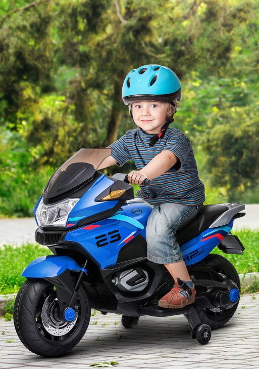 12V Kids Electric Motorcycle with Training Wheels, Battery Power Ride on Motorbike, High-Traction at 3.7 Mph Top Speed, with Light Music, Blue