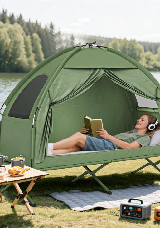 Camping Tent Cot, Single Person Folding Cot Combo, Off-Ground Tent, Covered Outdoor Bed with Carry Bag for Hiking, Camping