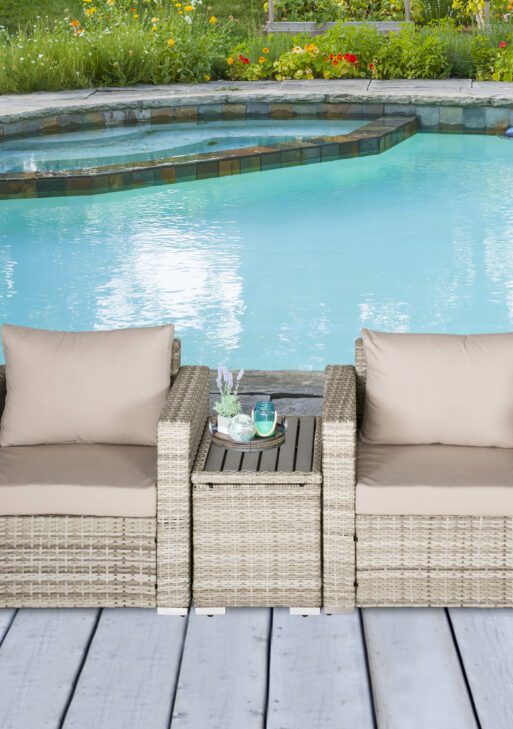 3 Piece Patio Furniture Set, PE Rattan Small Wicker Balcony Furniture, Table & Chairs with Cushions Composite Table, Conversation Set for Apartment, Gray