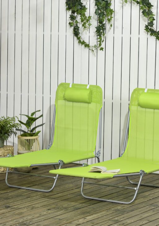 2 Piece Folding Chaise Lounge Chairs, Pool Sun Tanning Chairs with Reclining Back, Breathable Mesh Seat, Headrest for Beach, Yard, Patio, Green