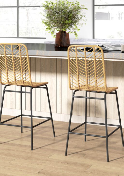 Set of 2 Rattan Barstools Wicker Counter Stools with Steel Legs and Footrest for Dining Room Kitchen Pub Yellow