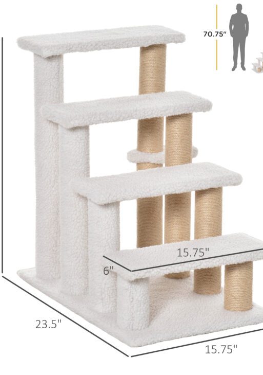 4 Levels Cat Steps with Scratching Posts for High Bed, Sofa, White