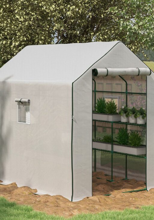 4.6' x 4.7' Portable Greenhouse, Water/UV Resistant Walk-In Small Outdoor Green House with 2 Tier U-Shaped Flower Rack Shelves, Roll Up Door & Windows, White