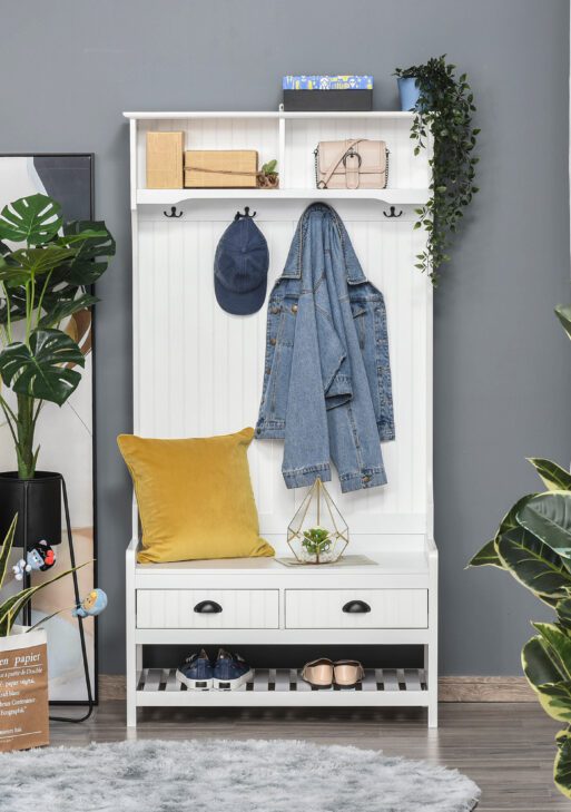3-in-1 Hall Tree, Entryway Bench with Coat Rack, Mudroom Bench with Shoe Rack, 2 Storage Drawers, 4 Hooks and Padded Seat Cushions for Hallway, White
