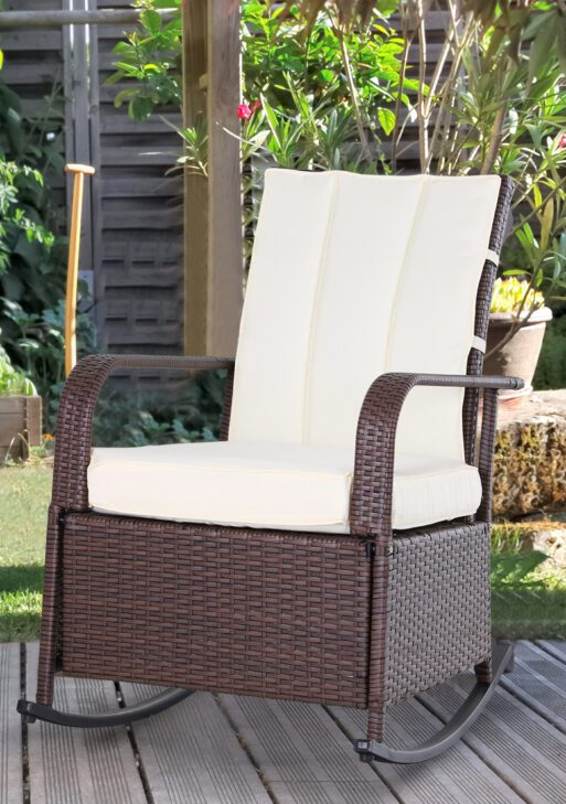 PE Rattan Rocking Recliner with Footrest, Beige