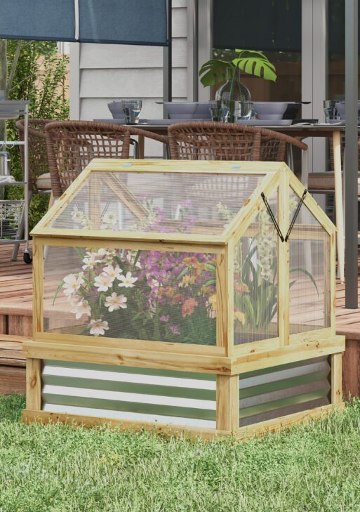 Raised Garden Flower Bed Kit with Greenhouse, Wooden Cold Frame Planter, 35.5" x 31.5" x 36", Natural