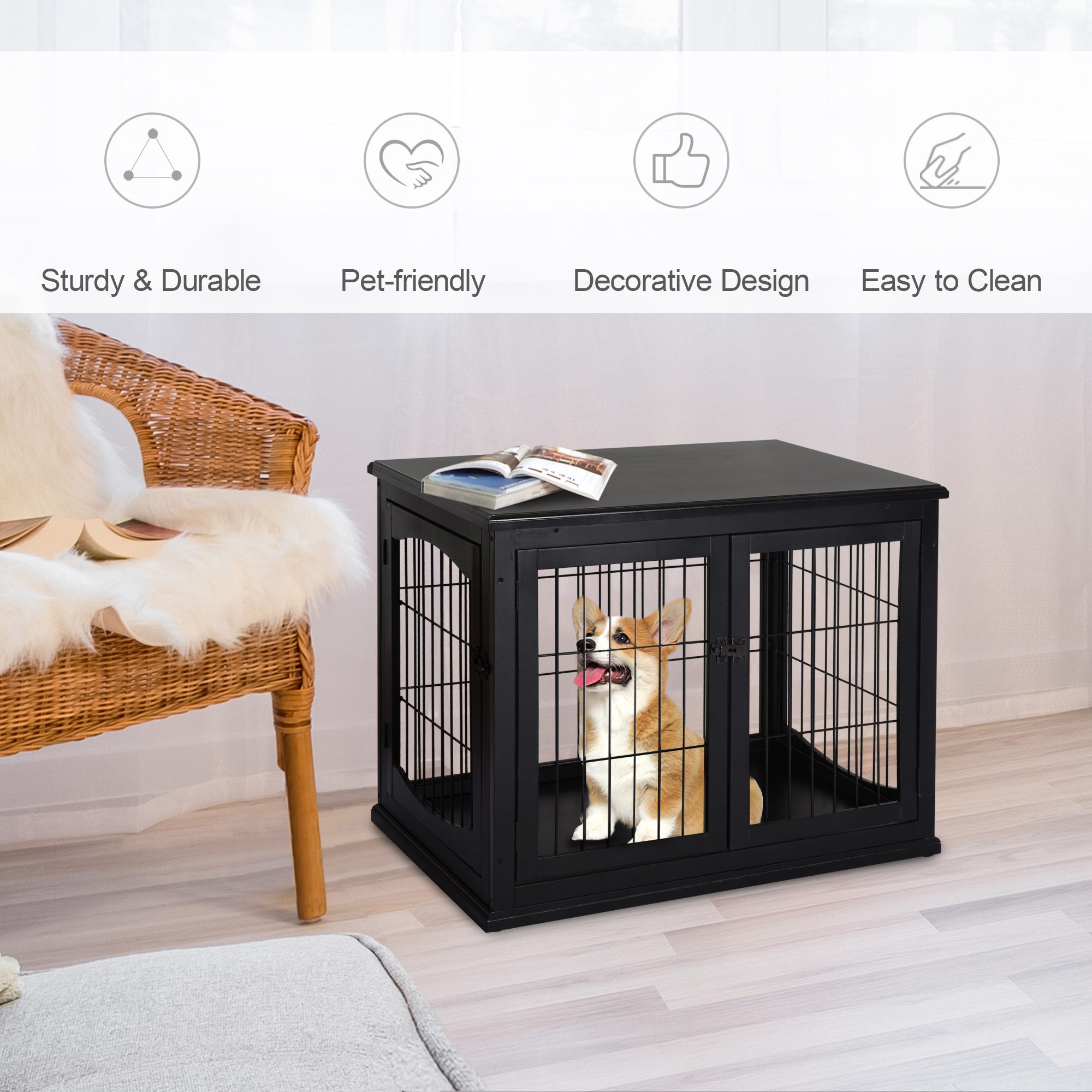 Dog Crate Furniture, 32" Small Dog Cage End Table with 2 Doors, Lockable Door, Puppy Kennel Indoor, Black - Image 2