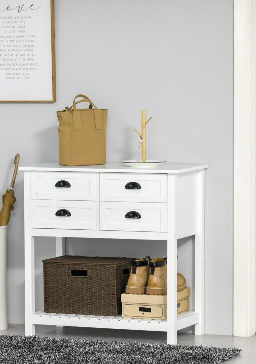 Sideboard Buffet Cabinet with Storage, Modern Coffee Bar Cabinet with 4 Drawers and Slatted Bottom Shelf, Console Table for Kitchen, Living Room, Dining Room, Hallway, White