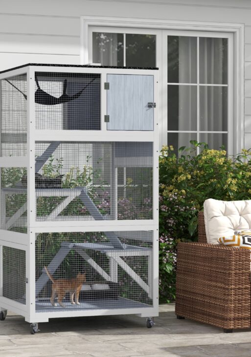 Catio, Outdoor Cat Enclosure House on Wheels with Hammock, Gray