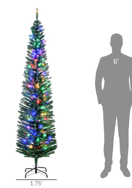 7' Artificial Pencil Christmas Trees Holiday Decoration with Colorful LED Lights, Steel Base, Skinny Shape