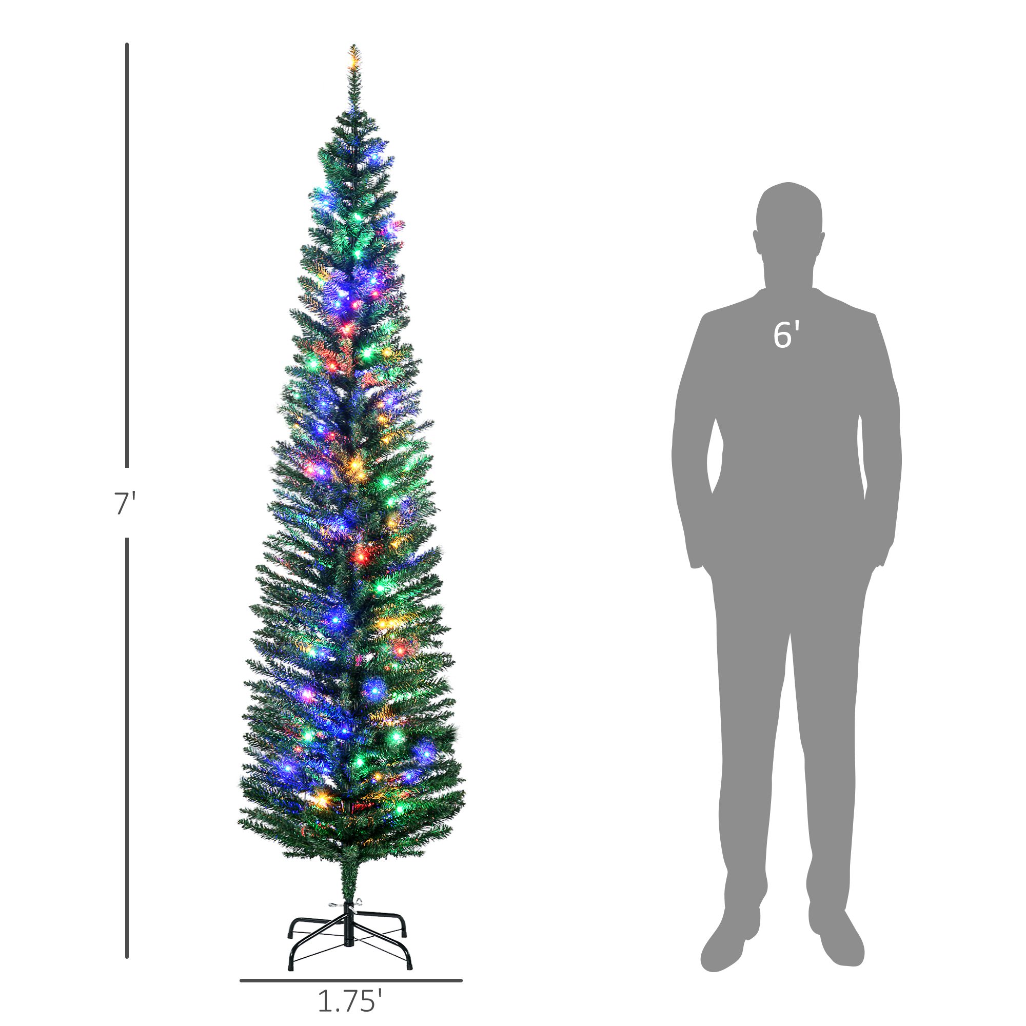 7' Artificial Pencil Christmas Trees Holiday Decoration with Colorful LED Lights, Steel Base, Skinny Shape - Image 1
