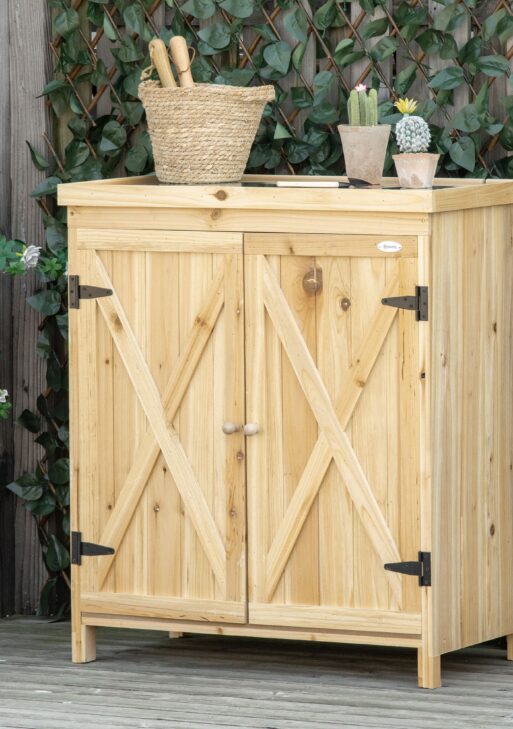 Garden Storage Cabinet, Outdoor Tool Shed with Galvanized Top and Two Shelves for Yard Tools or Pool Accessories, Natural