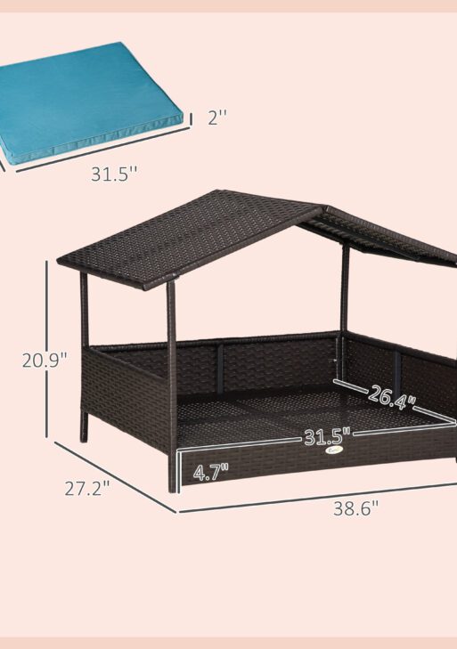 Wicker Dog House Outdoor with Canopy, Rattan Dog Bed with Water-resistant Cushion, Raised Pet Bed for Small, Medium Breeds up to 66 lbs, 20" in Length, Brown Wicker, Blue Cushion