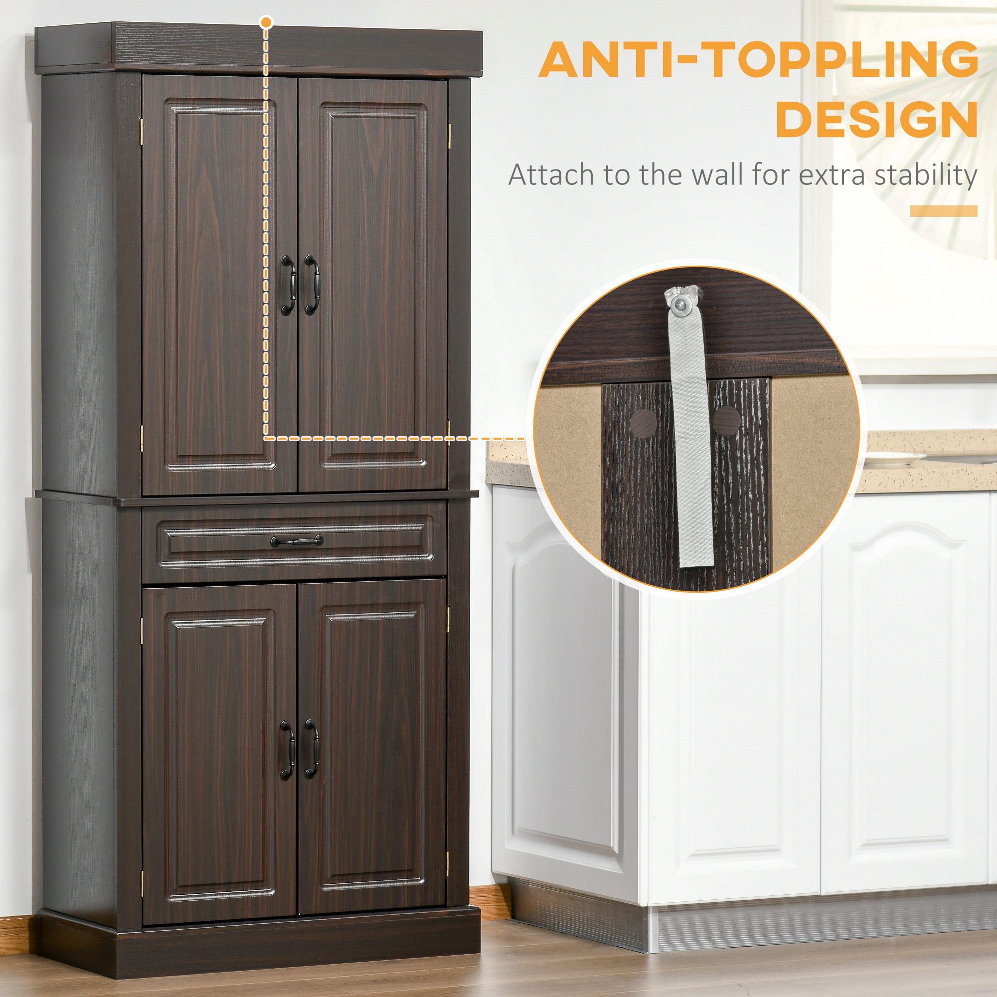 70.75" Freestanding Kitchen Pantry with 4 Doors, and 2 Large Cabinets, Tall Storage Cabinet with Wide Drawer for Kitchen Dining Room, Coffee - Image 4