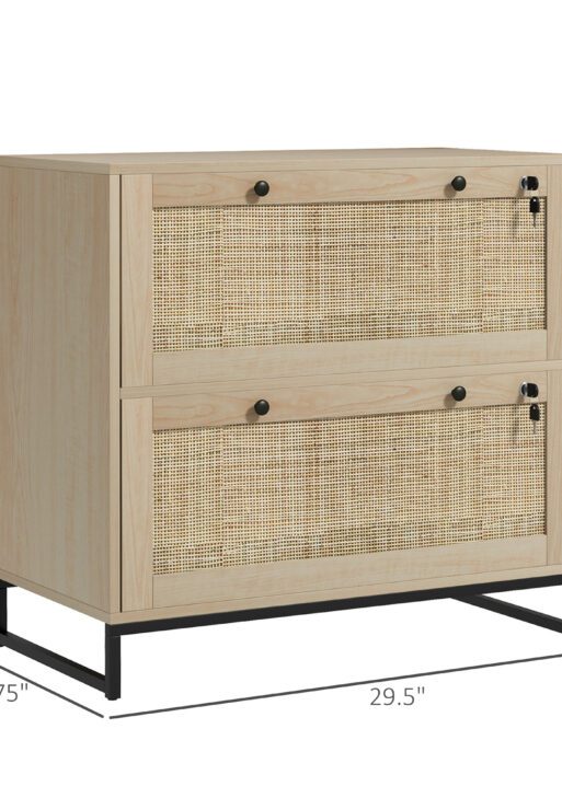 Lockable Filing Cabinet, Boho 2 Drawer File Cabinet with Adjustable Hanging Bar for Letter, A4 and Legal Size, Natural