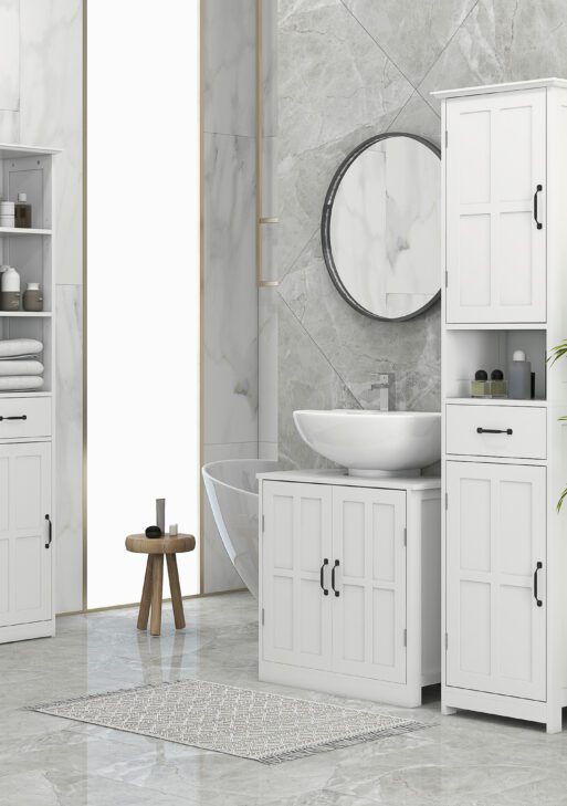 Modern Bathroom Cabinet, Narrow Storage Cabinet with Open Shelf, Drawer, Recessed Doors and Adjustable Shelves, White