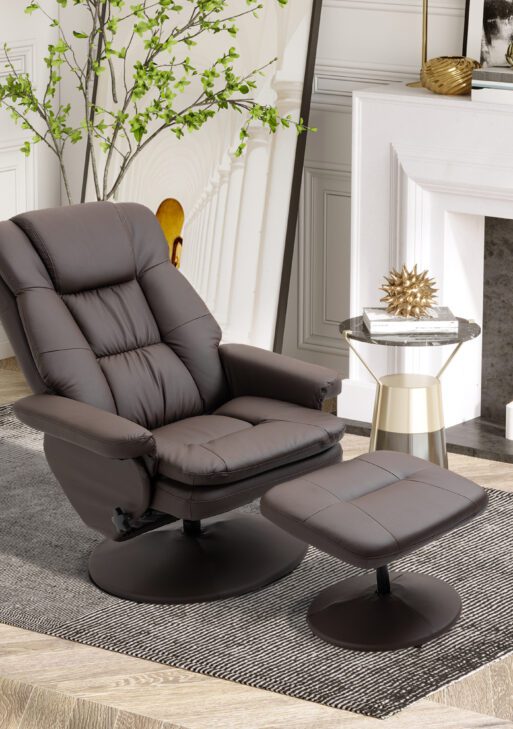 PU Leather Recliner Chair with Ottoman, Swivel Recliner and Ottoman with Round Wrapped Base for Living Room, Brown