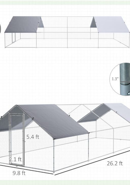 Large Chicken Coop Metal Chicken Run with Waterproof and Anti-UV Cover, Spire Shaped Walk in Fence Cage Hen House for Outdoor and Yard Farm Use, 1.3" Tube Diameter, 9.8' x 26.2' x 6.4'
