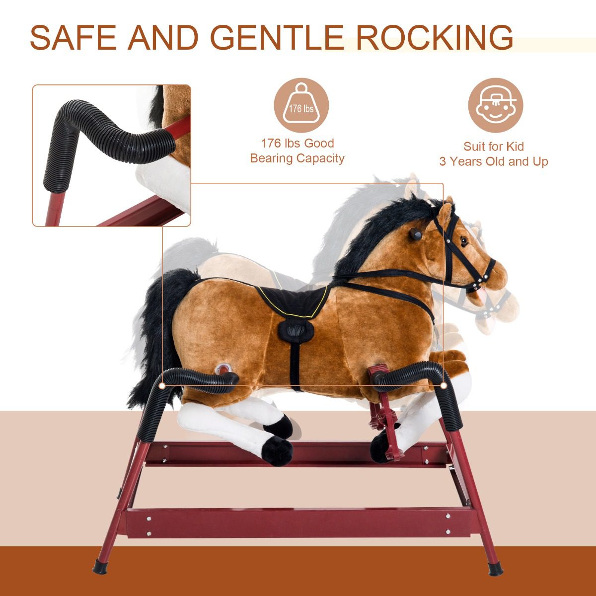Durable Kids Plush Spring Rocking Horse, Ride On Rocking Horse with Realistic Sounds, Brown - Image 4