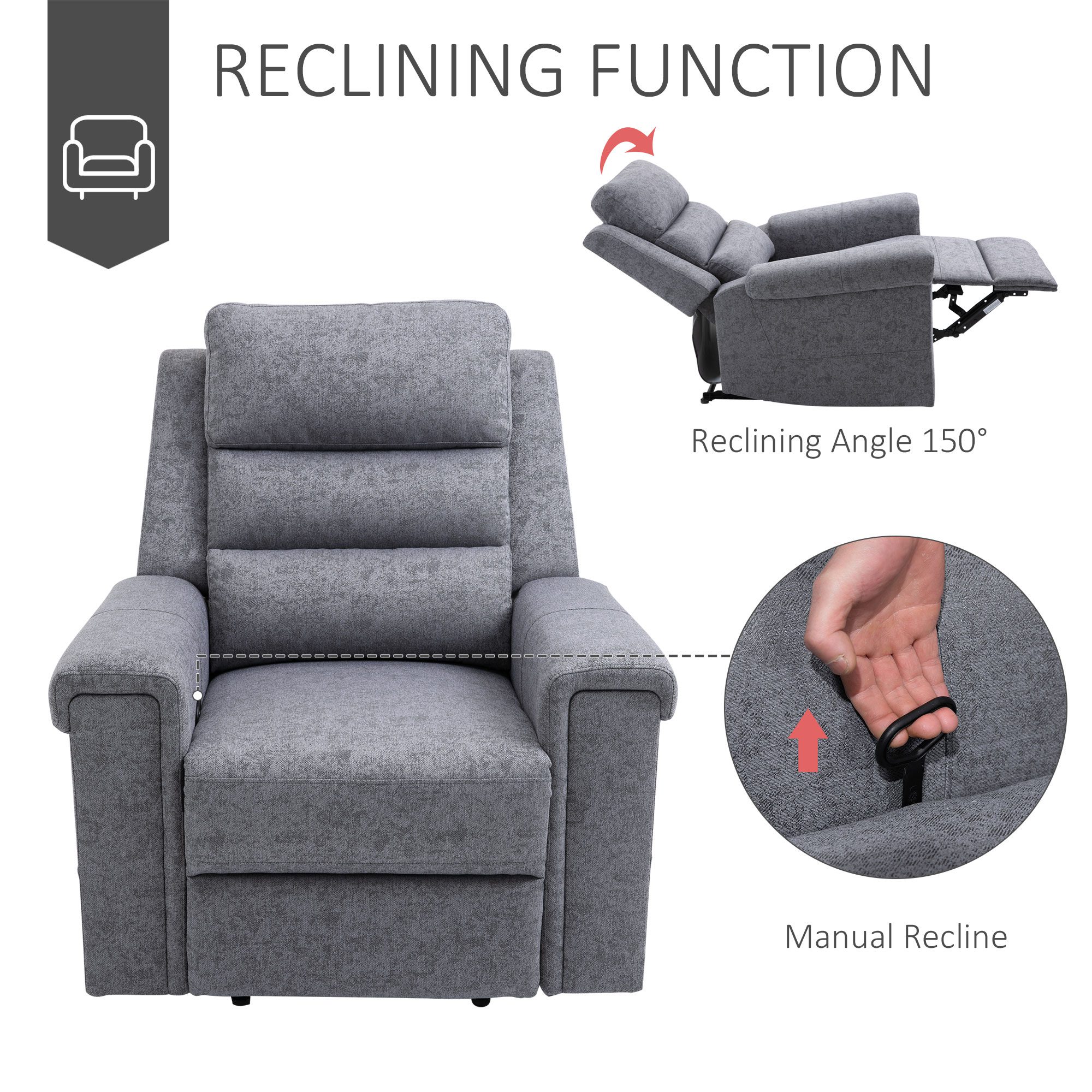 Modern Recliner Chair Linen Fabric Single Sofa Home Theater Seating with Overstuffed Armrest and Back, Grey - Image 4