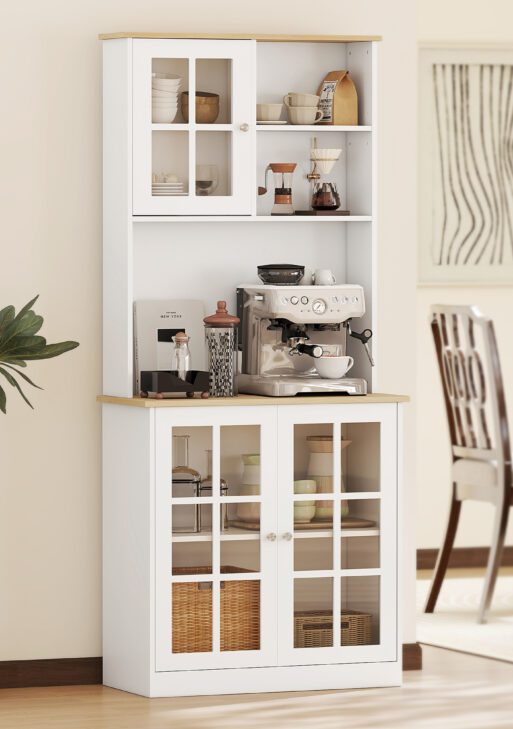Kitchen Pantry Cabinet, 72" Freestanding Storage Cabinet with Hutch, Large Countertop, Glass Doors and Adjustable Shelves, Microwave Cabinet, Coffee Bar Cabinet for Dining Room, White