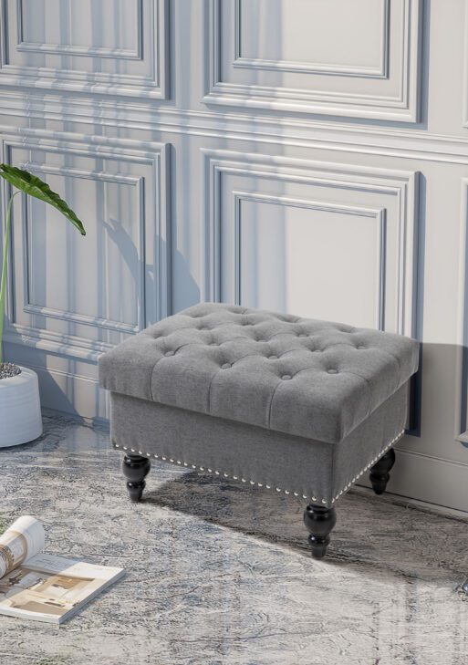 Ottoman with Storage for Living Room, 25" Storage Ottoman with Removable Lid, Button-Tufted Fabric Bench for Footrest and Seat with Wood Legs, Gray