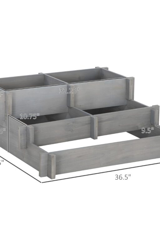 3 Tier Raised Garden Bed, Water Draining Fabric for Soil, Elevated Wood Flower Box for Vegetables, Herbs, Gray