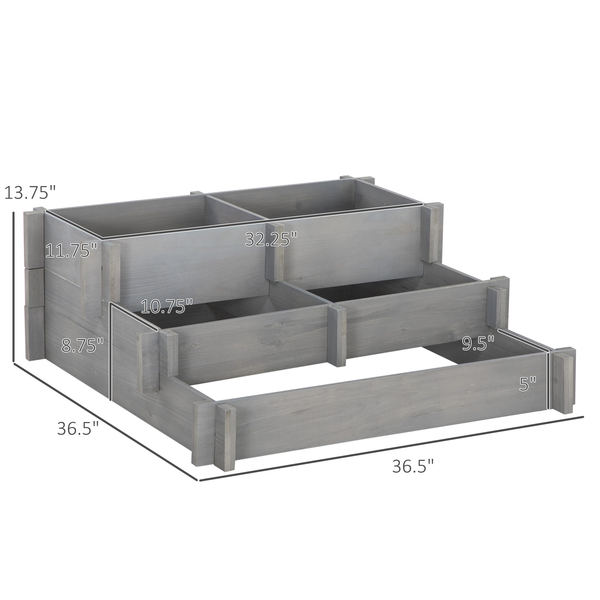 3 Tier Raised Garden Bed, Water Draining Fabric for Soil, Elevated Wood Flower Box for Vegetables, Herbs, Gray - Image 1