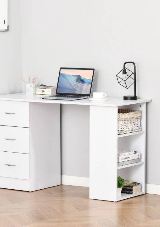 47" Modern Home Office Computer Desk Bookcase Combo Writing Table Workstation with 3 Drawer and Storage Shelf - White