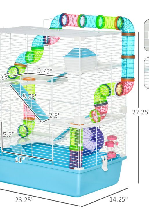 Extra Large 23" Hamster Cage with Tubes and Tunnels, Portable Carry Handles, Rat House and Habitats Big 5-Tier Design, Mouse Cage Includes Exercise Wheel, Water Bottle, Food Dish, Light Blue