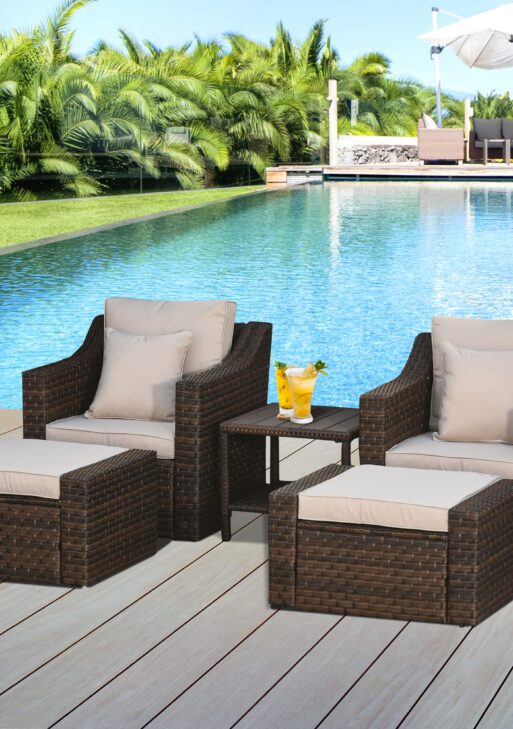 5pc Patio Furniture Set, All Weather PE Rattan Conversation Chair and Ottoman Set w/ Table, Cushion Pillows, Beige