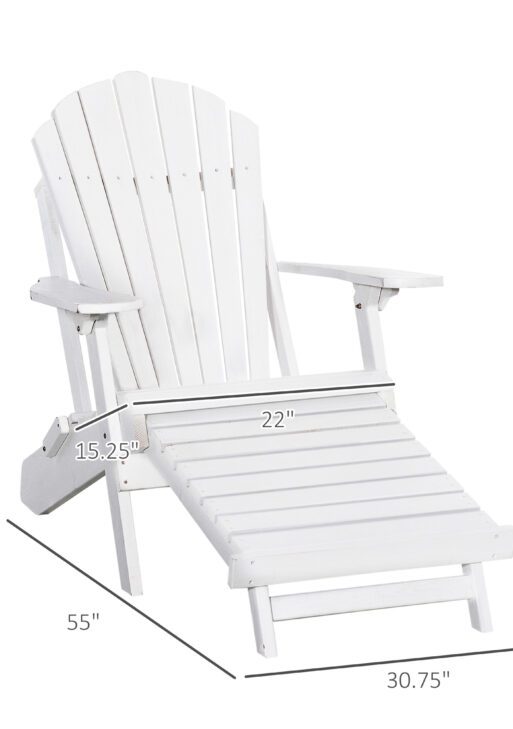 Folding Adirondack Chair with Pull Out Ottoman, Outdoor Fir Wood Fire Pit Chair with Footrest, Porch Fanback Lounge for Patio, Poolside Lawn Garden, White