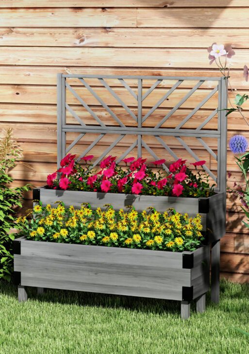 2 Tier Trellis Planter, Wooden Raised Garden Bed, Gray