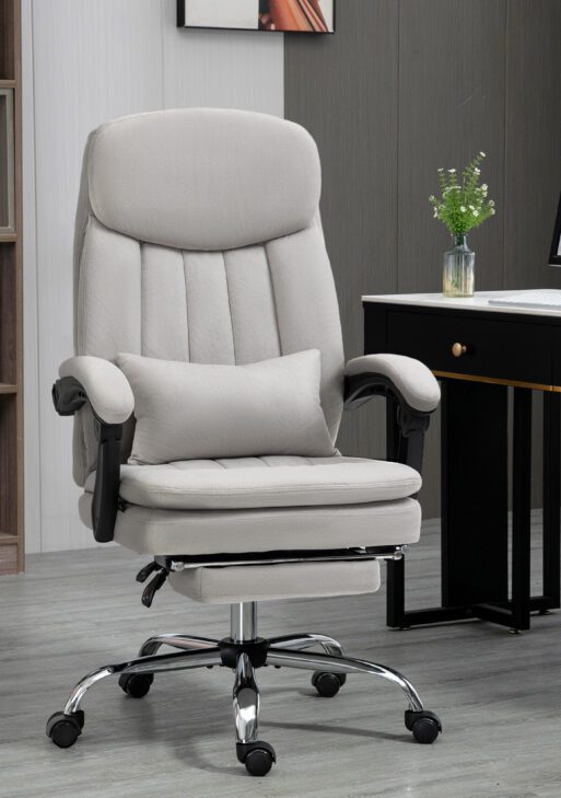 Executive Office Chair with Vibration Massage, Microfibre Swivel Desk Chair, Heated Reclining Computer Chair with Lumbar Support Pillow, Footrest, Light Gray