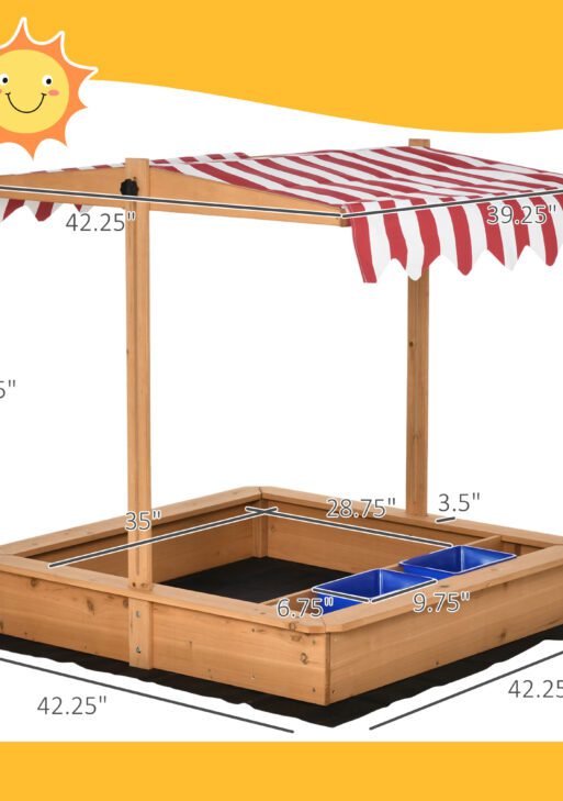 Kids Wooden Sandbox with Adjustable Height Cover and Toy Bin Storage, Children Sand Play Station Outdoor,Bottom Liner, for Backyard, Ages 3-7