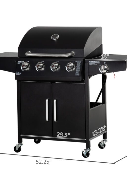 52" Barbecue Grill with Wheels 4+1 Burner Liquid Propane Gas Grill Outdoor Cabinet Style BBQ Trolley w/ Side Burner, Warming Rack
