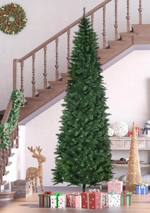 9' Artificial Pencil Christmas Trees, with Auto Open, Steel Base, Pine Needles, for Home Xmas Decoration