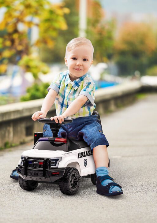 Kids Push Ride On Car with Working PA System and Horn, Police Truck Style Foot-to-Floor Sliding Car for Boys and Girls with Under-Seat Storage, for 18 Months to 5 Years Old, White