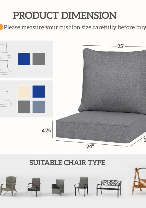8 Patio Chair Cushions with Seat & Backrest, Fade Resistant Seat Replacement Cushion Set, Gray