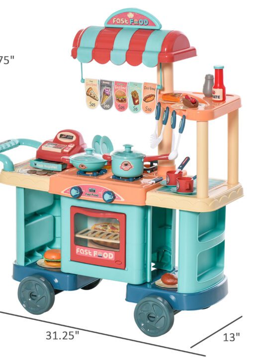 Qaba Kids Kitchen Food Stand with Play Food, Cashier Register, Accessories Ages 3-6