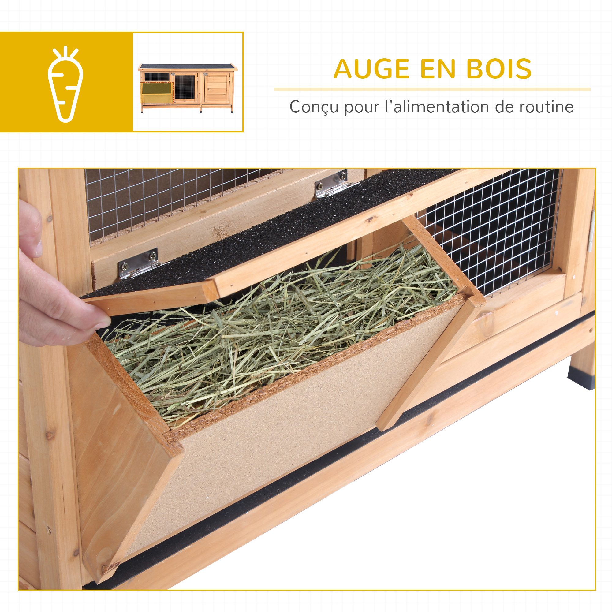Large Bunny Hutch, Rabbit Cage with 2 Outside Areas and 1 Main House for Small Animals, Yellow - Image 4
