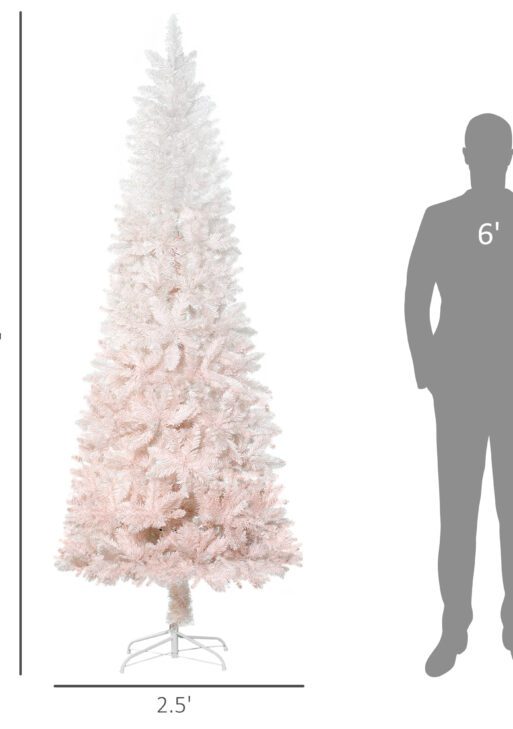 7' Tall Unlit Pencil Fir Artificial Christmas Tree with Realistic Branches and Steel Base, Pink and White
