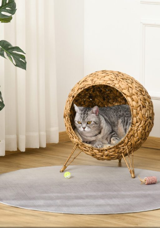20.5" Weaved Cat Bed, Elevated Hand-woven Braided Banana Leaf Kitten House Condo with Cushion, Natural