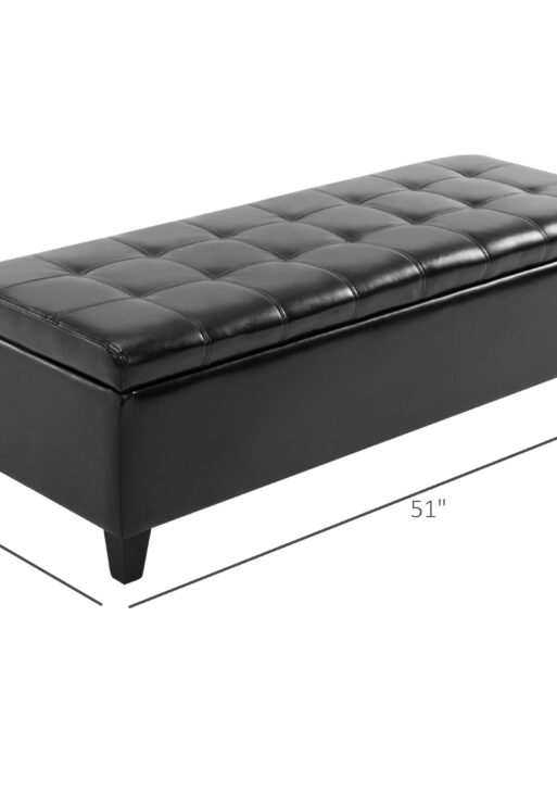 51" Ottoman Storage Bench, Faux Leather Storage Chest with Lift Top, Tufted Ottoman for Living Room, Entryway, Black