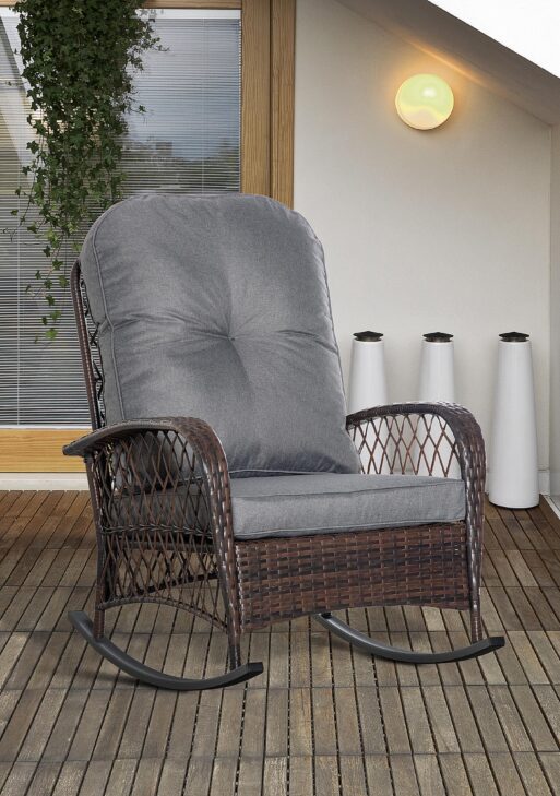 Rattan Porch Rocker w/ Plush Cushion, Gray
