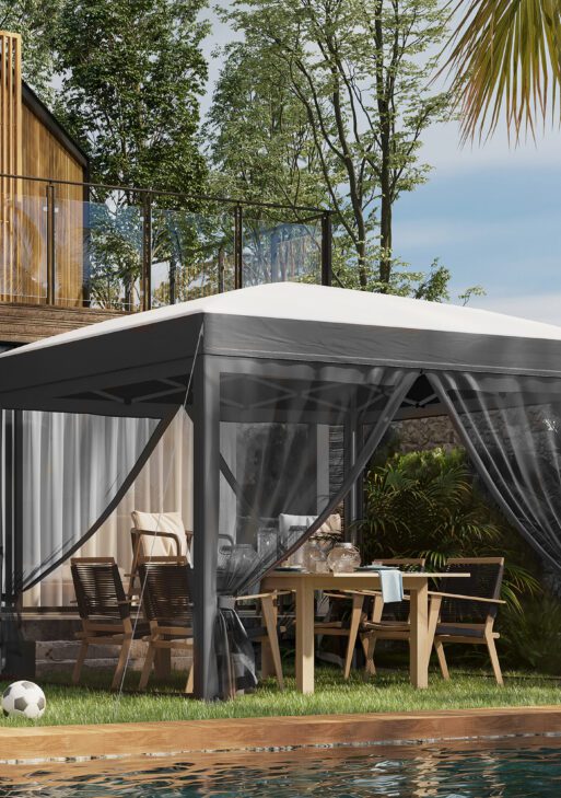 10' x 10' Pop Up Canopy Tent with Netting, Instant Sun Shelter, Tents for Parties, Height Adjustable, with Wheeled Carry Bag and 4 Sand Bags for Outdoor, Garden, Patio, Gray