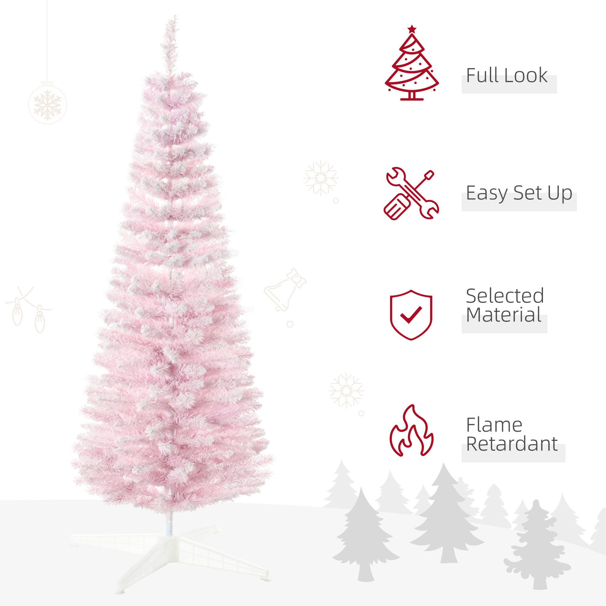 5' Decorated Christmas Tree Snow Flocked Artificial Christmas Tree with Pencil Shape, Realistic Branches, Pink - Image 2