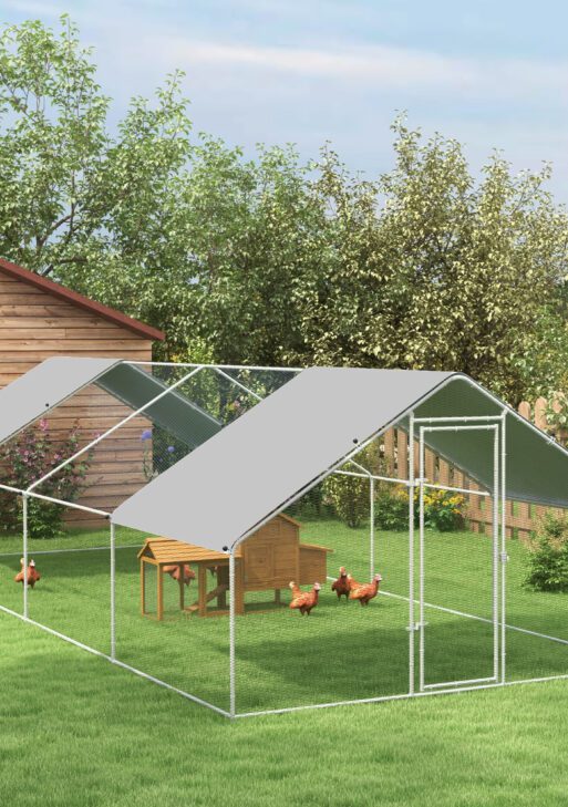 Large Chicken Coop Metal Chicken Run with Waterproof and Anti-UV Cover, Spire Shaped Walk in Fence Cage Hen House for Outdoor and Yard Farm Use, 1.3" Tube Diameter, 9.8' x 26.2' x 6.4'